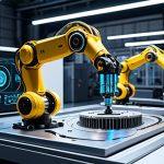**

A modern factory floor with robotic arms working on intricate engine parts. In the background, a holographic display shows a generative design interface, highlighting a complex component optimization process. Focus on the blend of physical machinery and advanced AI visualization.

**