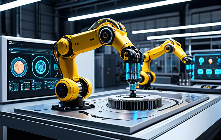 **

A modern factory floor with robotic arms working on intricate engine parts. In the background, a holographic display shows a generative design interface, highlighting a complex component optimization process. Focus on the blend of physical machinery and advanced AI visualization.

**