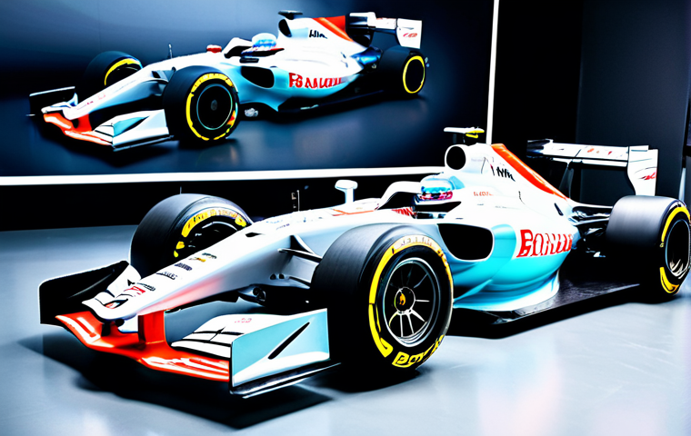 A sleek, modern Formula 1 race car, designed with visible carbon fiber composites and lightweight alloys, parked in a high-tech automotive engineering studio. Large screens in the background display abstract schematics of advanced materials and aerodynamic simulations. Professional photography, high detail, sharp focus, vibrant colors, studio lighting. safe for work, appropriate content, fully clothed, professional, perfect anatomy, correct proportions, natural pose, well-formed hands, proper finger count, natural body proportions.