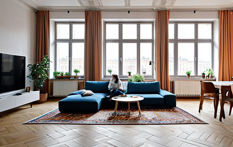 **

"A cozy, brightly lit apartment interior in Moscow, Russia.  Double-paned windows are closed, blocking out the bustling city sounds.  Inside, a family is relaxing, reading and playing games.  Soft, warm lighting.  A thick, patterned rug is on the floor, and sound-absorbing panels are subtly integrated into the wall design.  Focus on the feeling of tranquility and peace.  Realistic, high resolution, 8k, photorealistic."  Safety modifiers: "appropriate content", "fully clothed", "family-friendly".

**