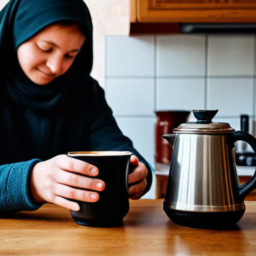 Home 12 Thermochromic Mug**
A person holding a dark coffee mug that is gradually changing color with the heat of the liquid inside. The background shows a cozy kitchen setting with traditional Russian Samovar. The person is fully clothed in modest, casual attire. Safe for work, appropriate content, professional photography, perfect anatomy, natural proportions, family-friendly.
**