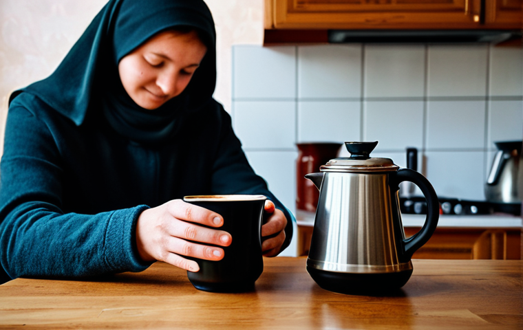 Thermochromic Mug**

A person holding a dark coffee mug that is gradually changing color with the heat of the liquid inside. The background shows a cozy kitchen setting with traditional Russian Samovar. The person is fully clothed in modest, casual attire. Safe for work, appropriate content, professional photography, perfect anatomy, natural proportions, family-friendly.

**