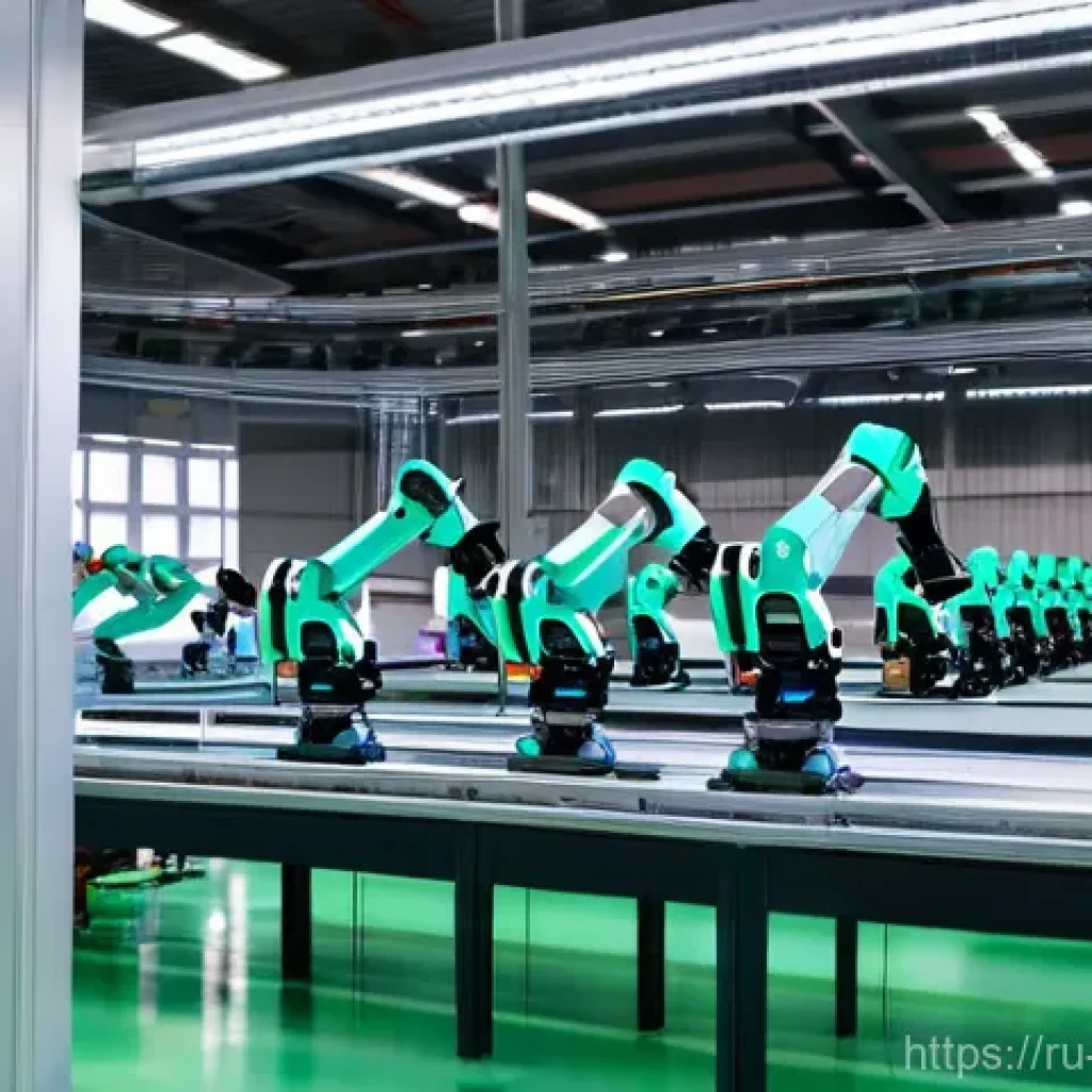 기계공학 산업기계설비 - **Prompt:** A clean, brightly lit modern factory floor in the Kaluga region, Russia. Several collabo...