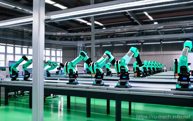 기계공학 산업기계설비 - **Prompt:** A clean, brightly lit modern factory floor in the Kaluga region, Russia. Several collabo...