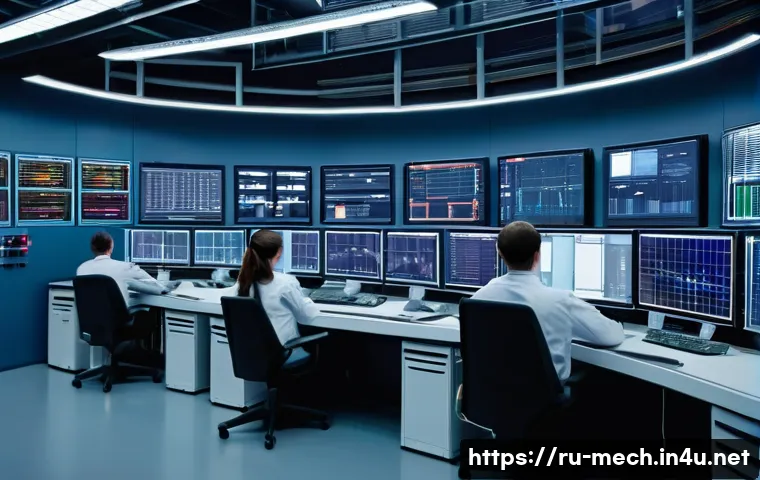 기계공학 통합제어시스템 - A high-tech industrial control room with multiple PLC (Programmable Logic Controller) units mounted ...