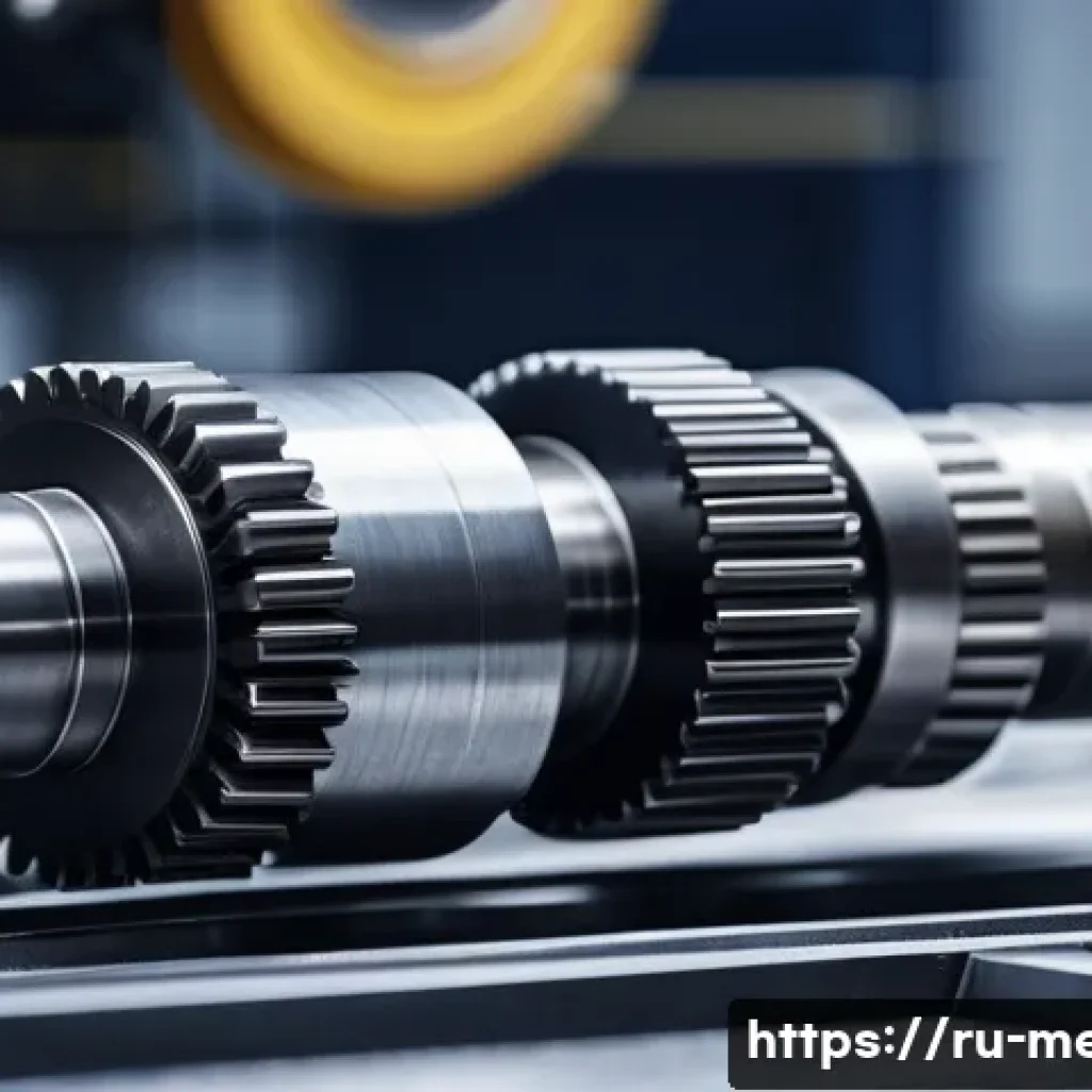 기계공학 재료의기계적특성 - A highly detailed, realistic close-up of a steel gear shaft assembly in a modern factory setting, sh...