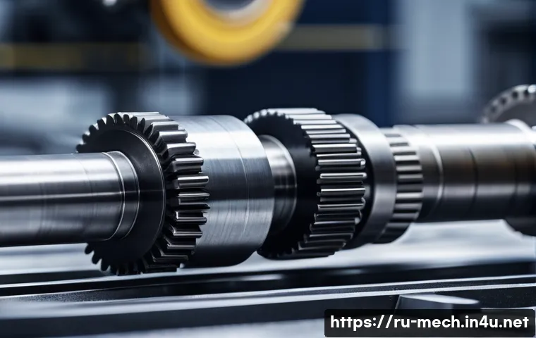 기계공학 재료의기계적특성 - A highly detailed, realistic close-up of a steel gear shaft assembly in a modern factory setting, sh...