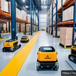 기계공학 모바일로봇시스템 - A high-tech industrial warehouse scene featuring three types of autonomous mobile robots operating s...