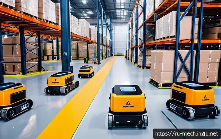 기계공학 모바일로봇시스템 - A high-tech industrial warehouse scene featuring three types of autonomous mobile robots operating s...