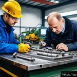 기계공학 구조용재료 - A detailed industrial workshop scene showcasing engineers analyzing different types of structural ma...