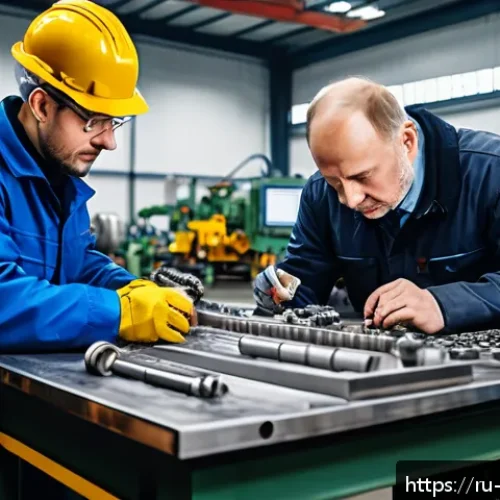기계공학 구조용재료 - A detailed industrial workshop scene showcasing engineers analyzing different types of structural ma...