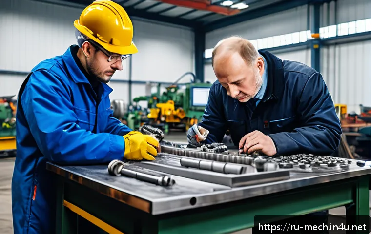 기계공학 구조용재료 - A detailed industrial workshop scene showcasing engineers analyzing different types of structural ma...