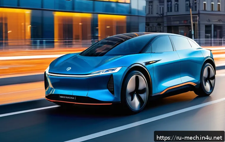 기계공학 차세대전기차기술 - A futuristic electric vehicle equipped with advanced solid-state batteries driving through a modern ...
