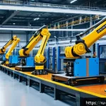 기계공학 산업용로봇시스템 - A high-tech industrial factory scene in Russia featuring advanced robotic arms like KUKA KR 16 and F...