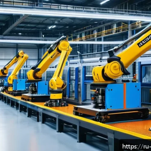 기계공학 산업용로봇시스템 - A high-tech industrial factory scene in Russia featuring advanced robotic arms like KUKA KR 16 and F...