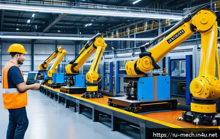 기계공학 산업용로봇시스템 - A high-tech industrial factory scene in Russia featuring advanced robotic arms like KUKA KR 16 and F...