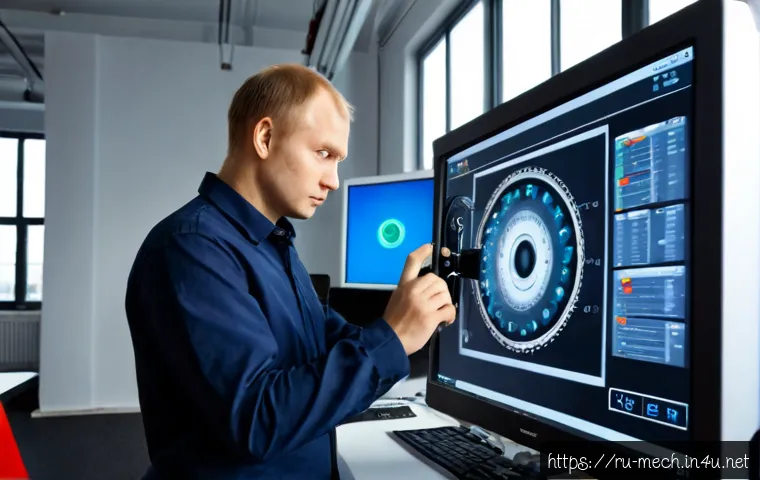 기계공학 기계설비설계 - Photorealistic Russian mechanical engineer in a modern industrial design office, examining a detaile...