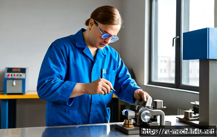 기계공학 금속재료 - Photorealistic mechanical engineering materials laboratory, a Russian engineer in clean protective g...